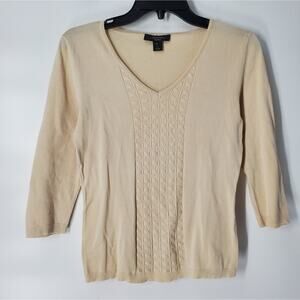 Weekend Max Mara Cream Embroidered V Neck 3/4 Sleeve Ribbem Hem Top